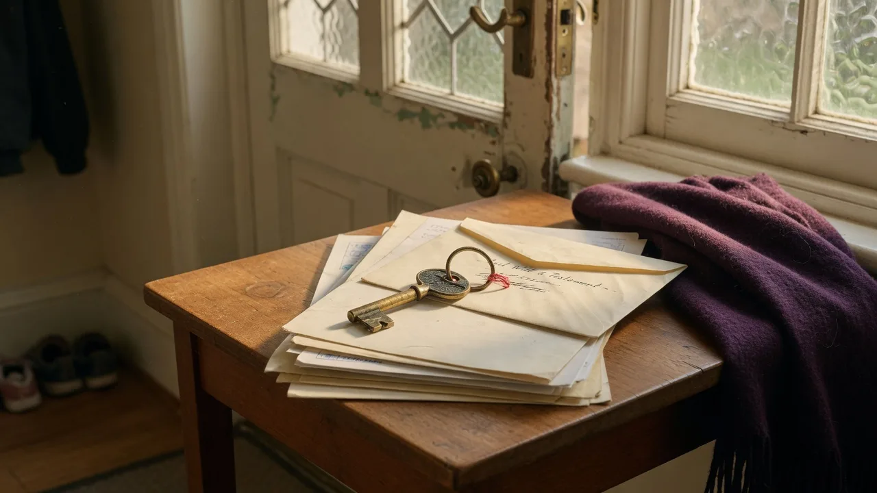 A brass house key and will envelope on a wooden table by a front door, representing the first steps after a parent dies