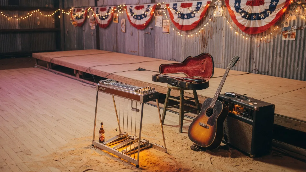 A traditional country band's instruments staged on a rustic Texas icehouse stage before showtime, a pedal steel guitar catching warm amber light, string lights and bunting along the wall
