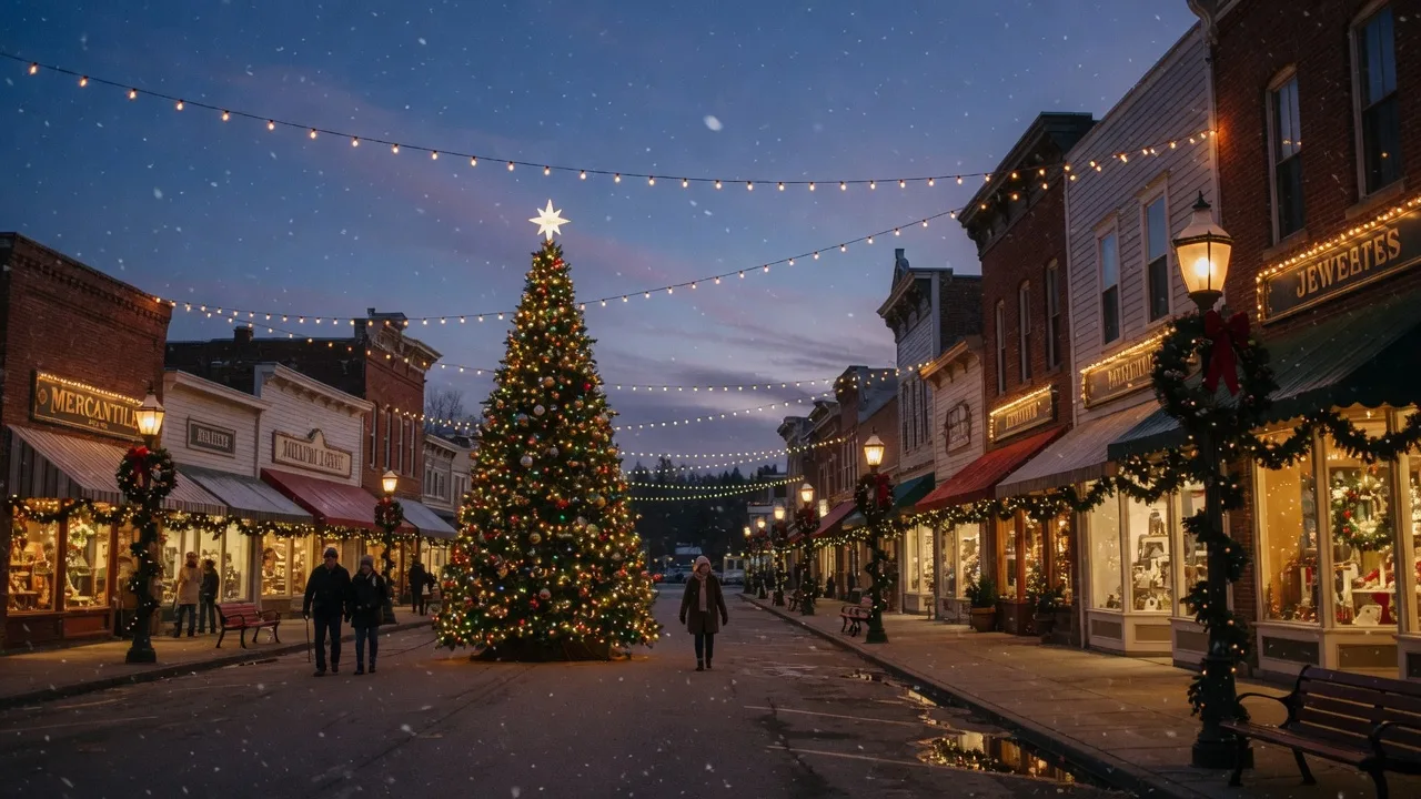 Historic Main Street storefronts decorated with warm holiday lights and a glowing Christmas tree at dusk