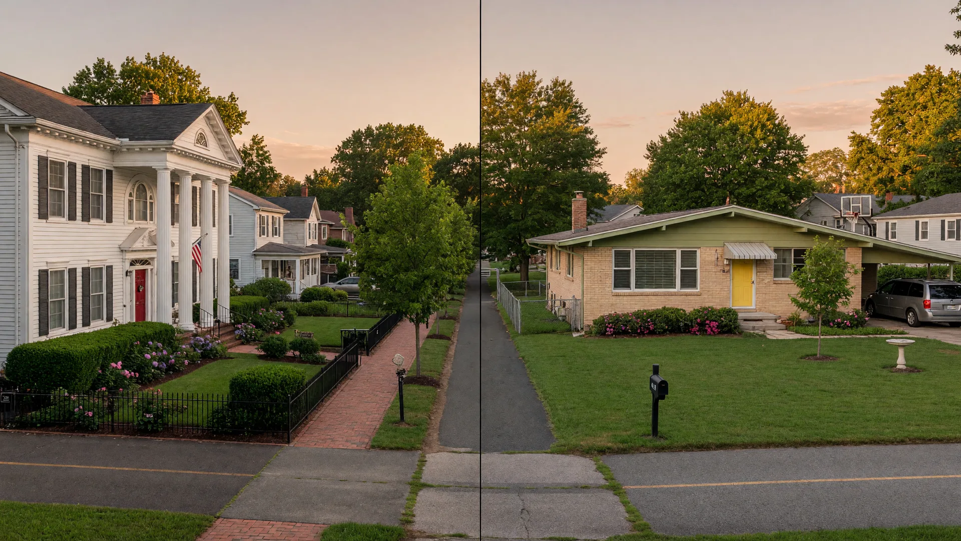 Side-by-side comparison of a historic Moorestown Colonial home and a mid-century Marlton ranch house