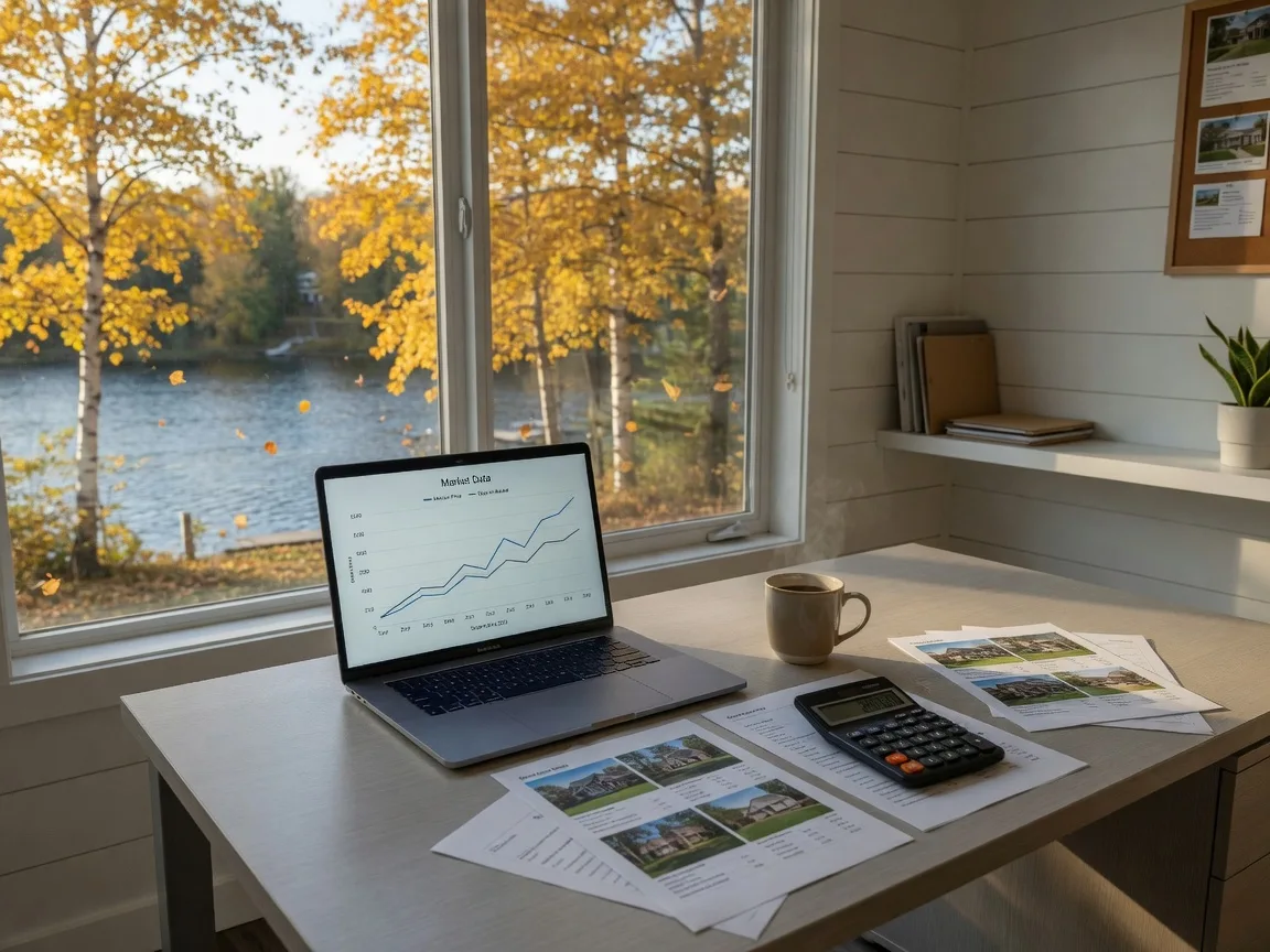 A real estate desk in northern Minnesota with a market chart on a laptop, printed listing sheets, and a calculator in warm autumn light