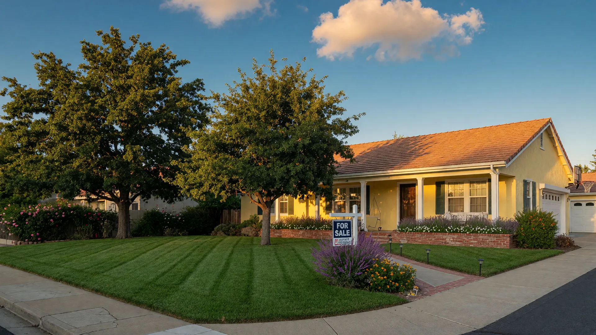 Well-maintained California-style single-family home in Merced County with manicured lawn, mature oak trees, and warm golden-hour light illuminating the front elevation