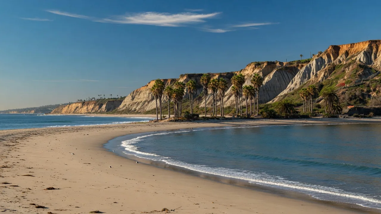 Southern California coastline near Los Angeles with sandy beach, dramatic bluffs, and palm trees under a clear blue sky