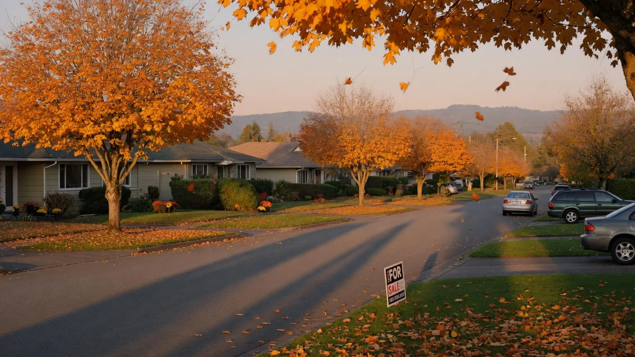 A tree-lined suburban street in late October with golden maple leaves, a real-estate for-sale sign in a front yard and warm low autumn sun