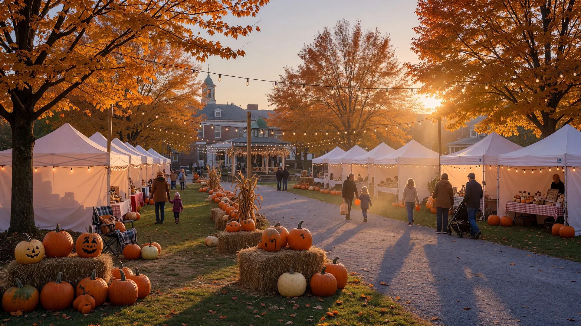 Autumn community festival with white vendor tents, string lights, and pumpkins in a Pennsylvania downtown park