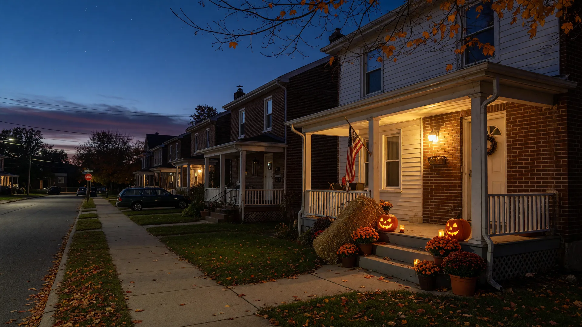 A warm late-October evening on a small-town Pennsylvania street near Coplay, with a twin-home porch decorated with glowing jack-o'-lanterns, hay, and fall mums beneath maple trees in peak color