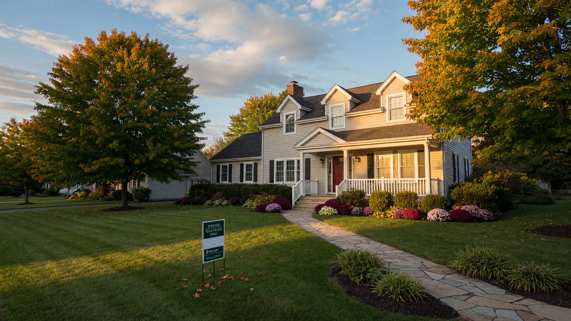 Two-story suburban home in Northwest Indiana at golden hour in late September, autumn-tinted maples, stone walkway, covered front porch, and a small for-sale sign in the front lawn