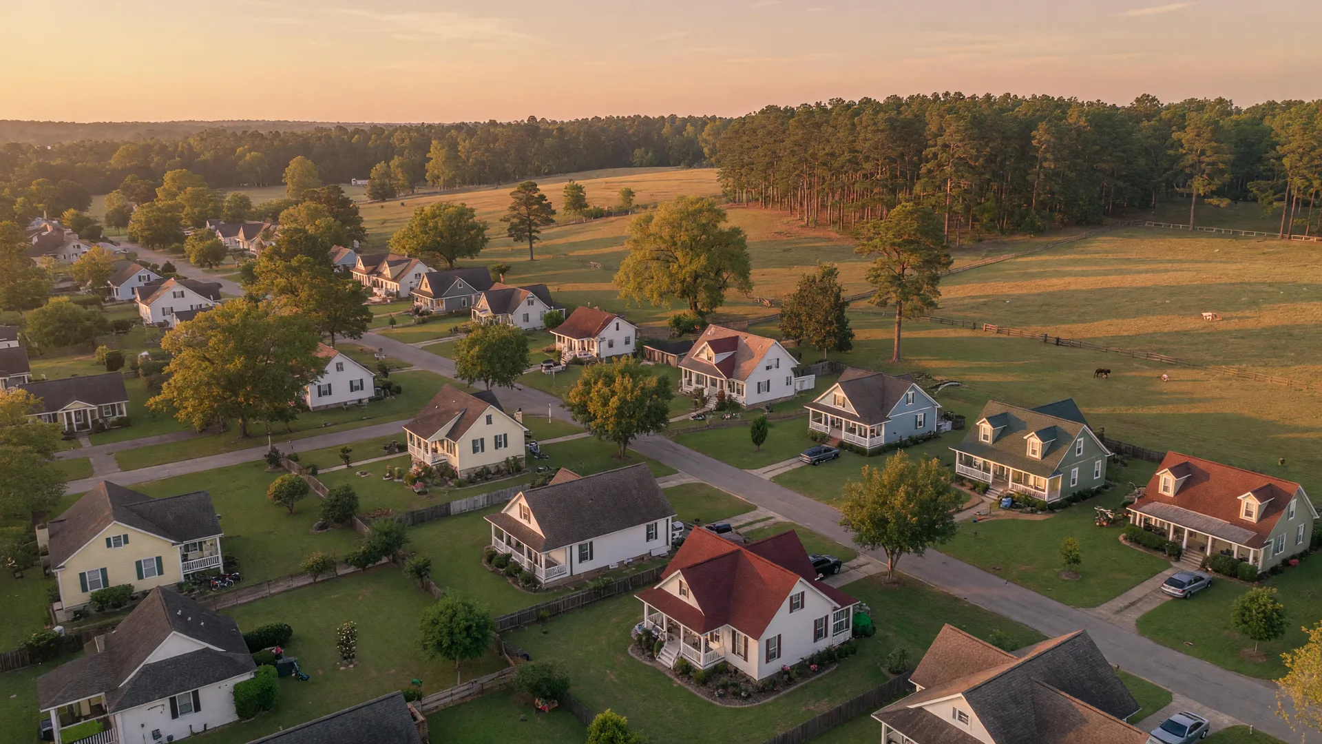 An aerial view of a leafy, tree-lined residential neighborhood in the CSRA at golden hour