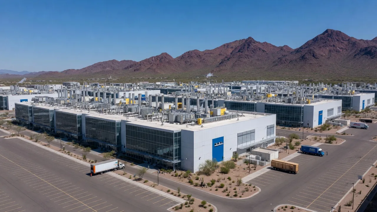 A large modern semiconductor fabrication campus in the Arizona desert