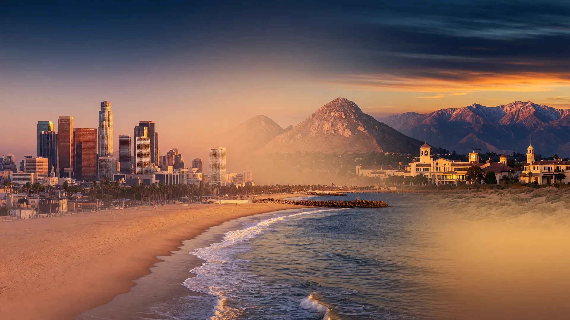 Golden-hour panorama of Southern California, from the Los Angeles skyline and coastline across the Inland Empire toward Riverside