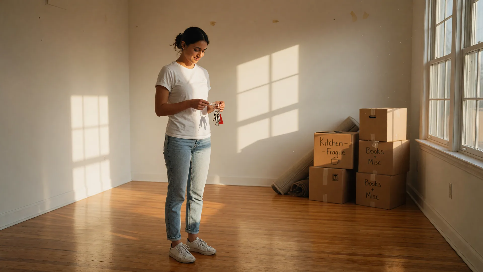 New homeowner standing in a sunlit empty living room holding keys, moving boxes stacked nearby, warm morning light streaming through windows