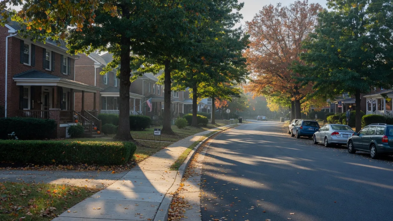 A leafy residential street in Arlington, Virginia on a crisp late-September morning, brick and white-frame single-family homes with porches behind trees showing the first autumn color, a real estate sign in one front yard, and golden light raking across the street