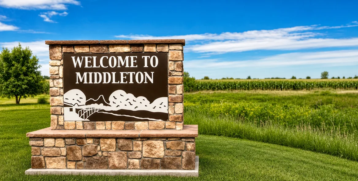 Welcome to Middleton stone sign standing before an open Idaho field