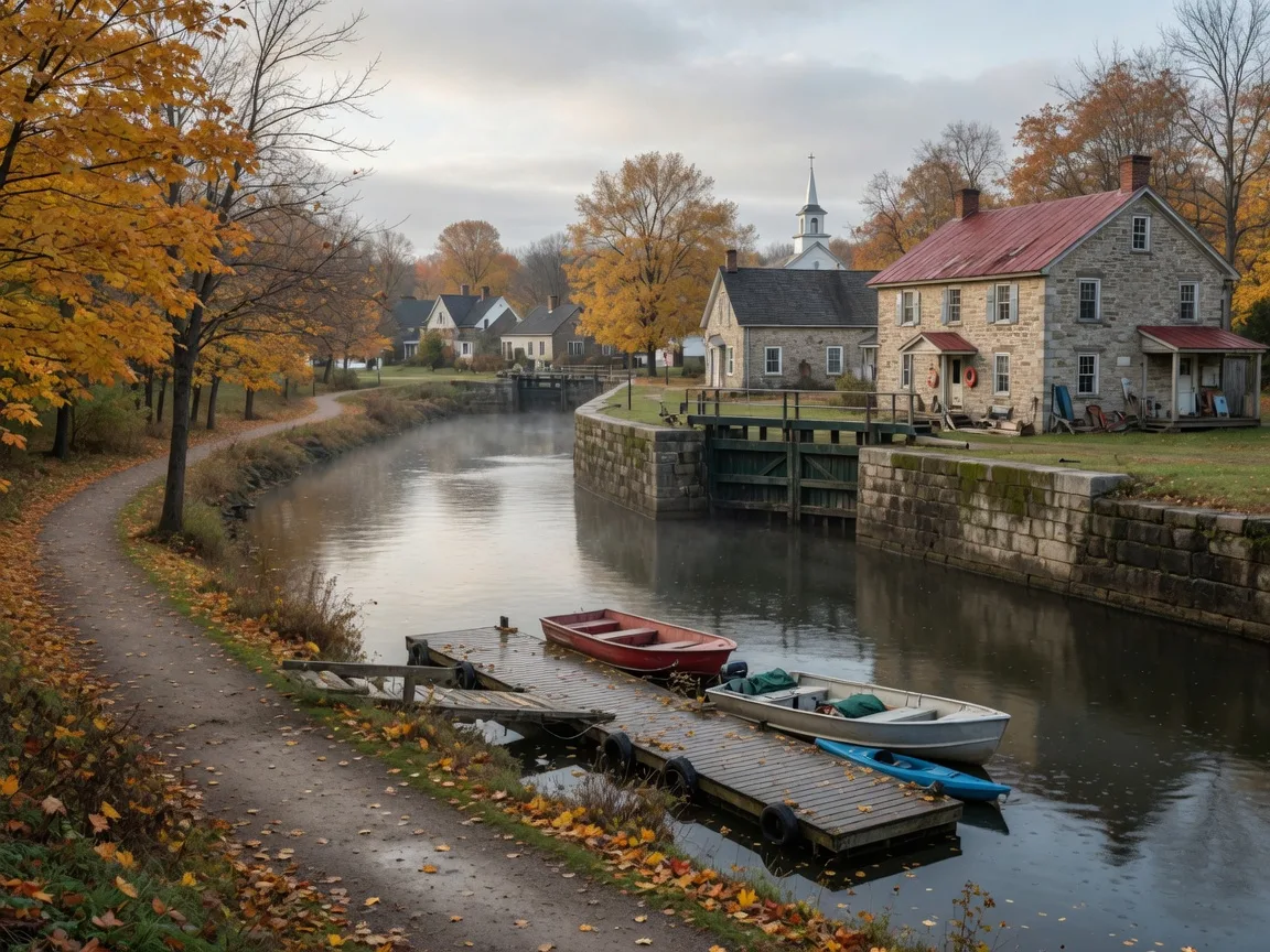 A calm river flowing through an Ontario village in late autumn, with a stone lock and lockkeeper's building, golden maples, and a small marina dock