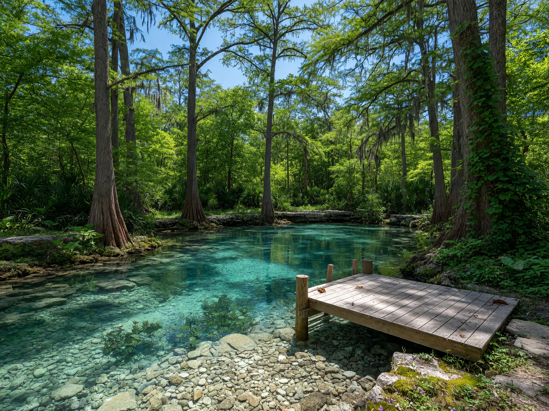 Swimming area at Blue Hole Regional Park — clear water surrounded by Hill Country cypress trees and limestone