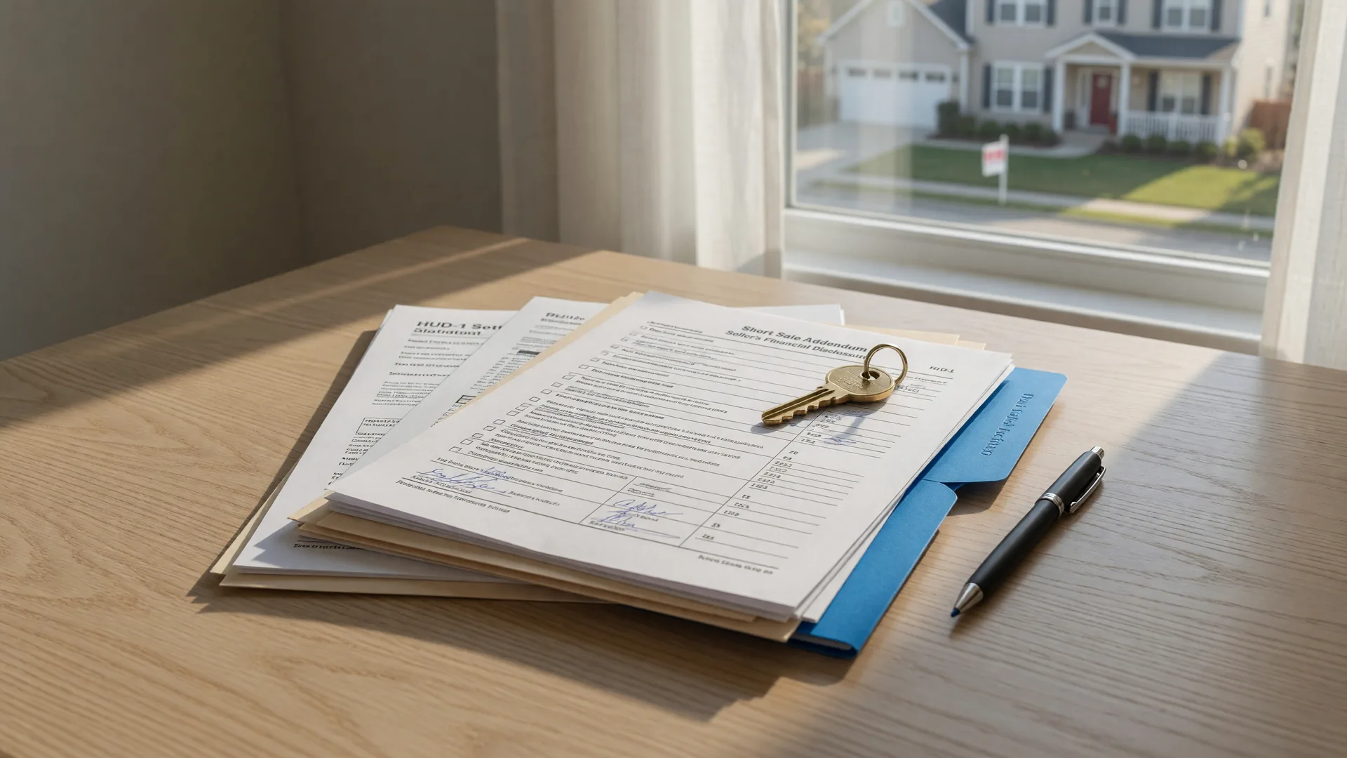A tidy stack of short sale documents with a house key on a desk, ready for lender review