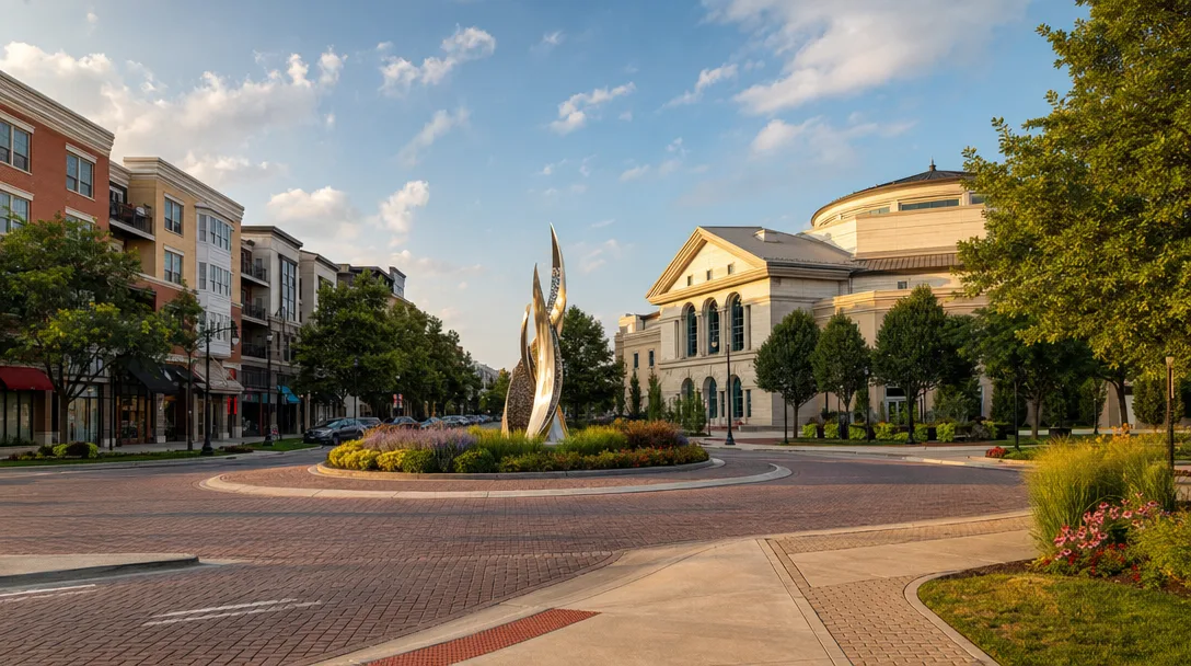 Carmel's Arts & Design District with the Palladium performing arts center, roundabout with public art, and upscale streetscape