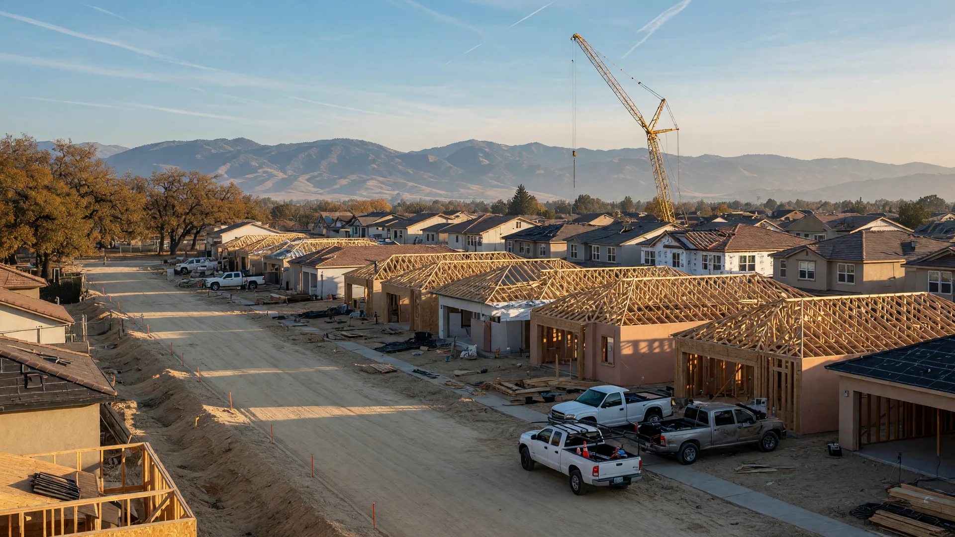 A new residential subdivision under construction in Merced County on a clear October morning, wood-framed homes rising above freshly graded streets, a construction crane on site, and the Sierra Nevada foothills on the horizon