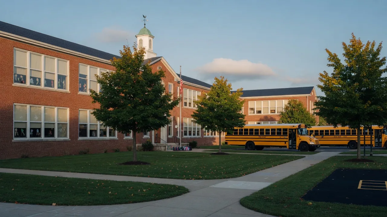 A red-brick elementary school campus in Wilmington, Ohio on a crisp September morning with yellow school buses, gold-tipped maple trees, and a manicured lawn
