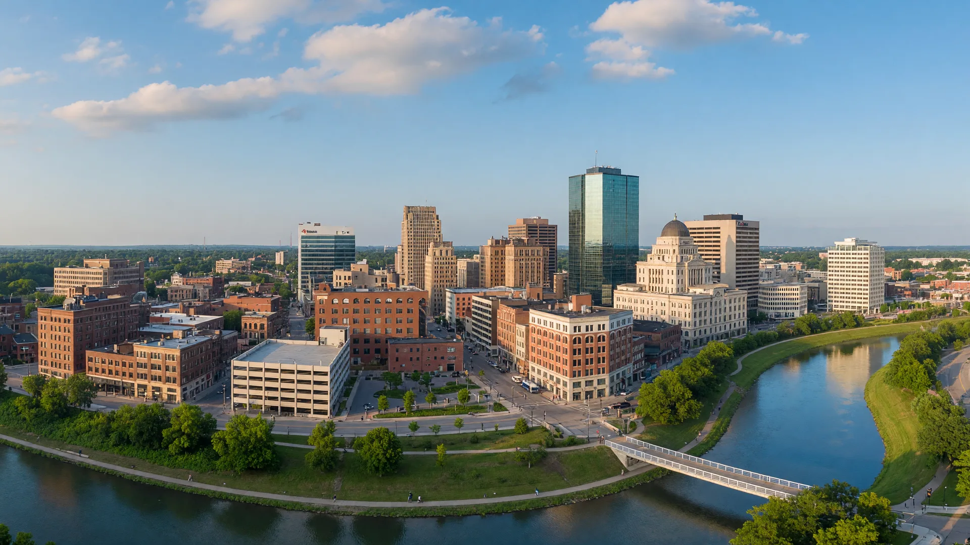 Aerial view of downtown Dayton, Ohio on a clear summer morning with the Great Miami River and city skyline