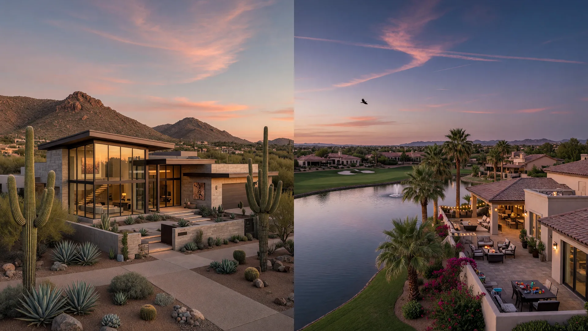 A Scottsdale foothills estate at golden hour flowing into a lakeside Gilbert luxury home