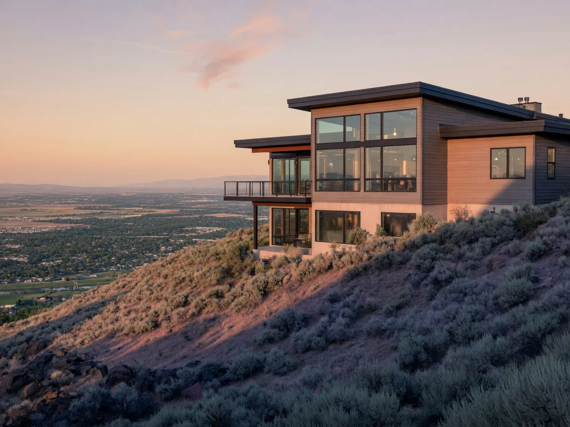 A modern hillside home in the Boise Foothills with wide valley views at dusk