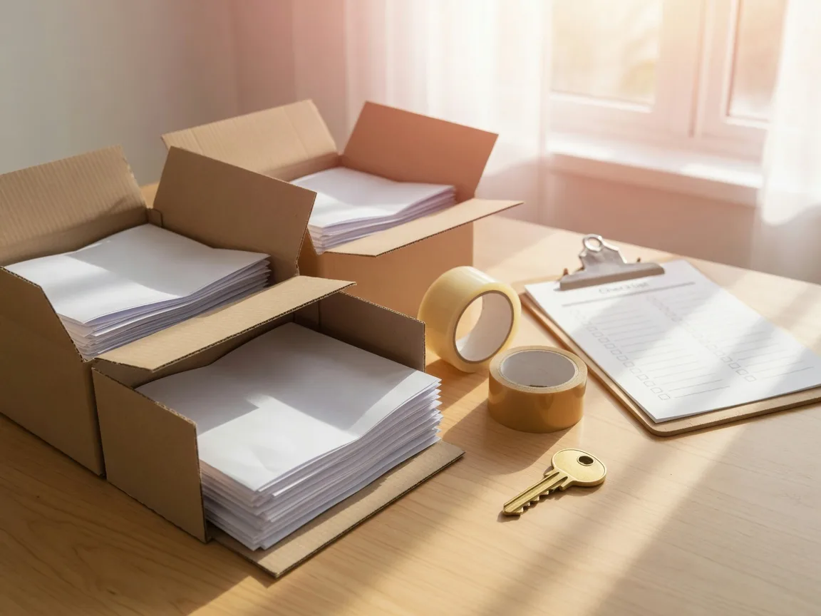 Open moving boxes, packing tape, and a clipboard with a blank checklist beside a brass house key in morning light