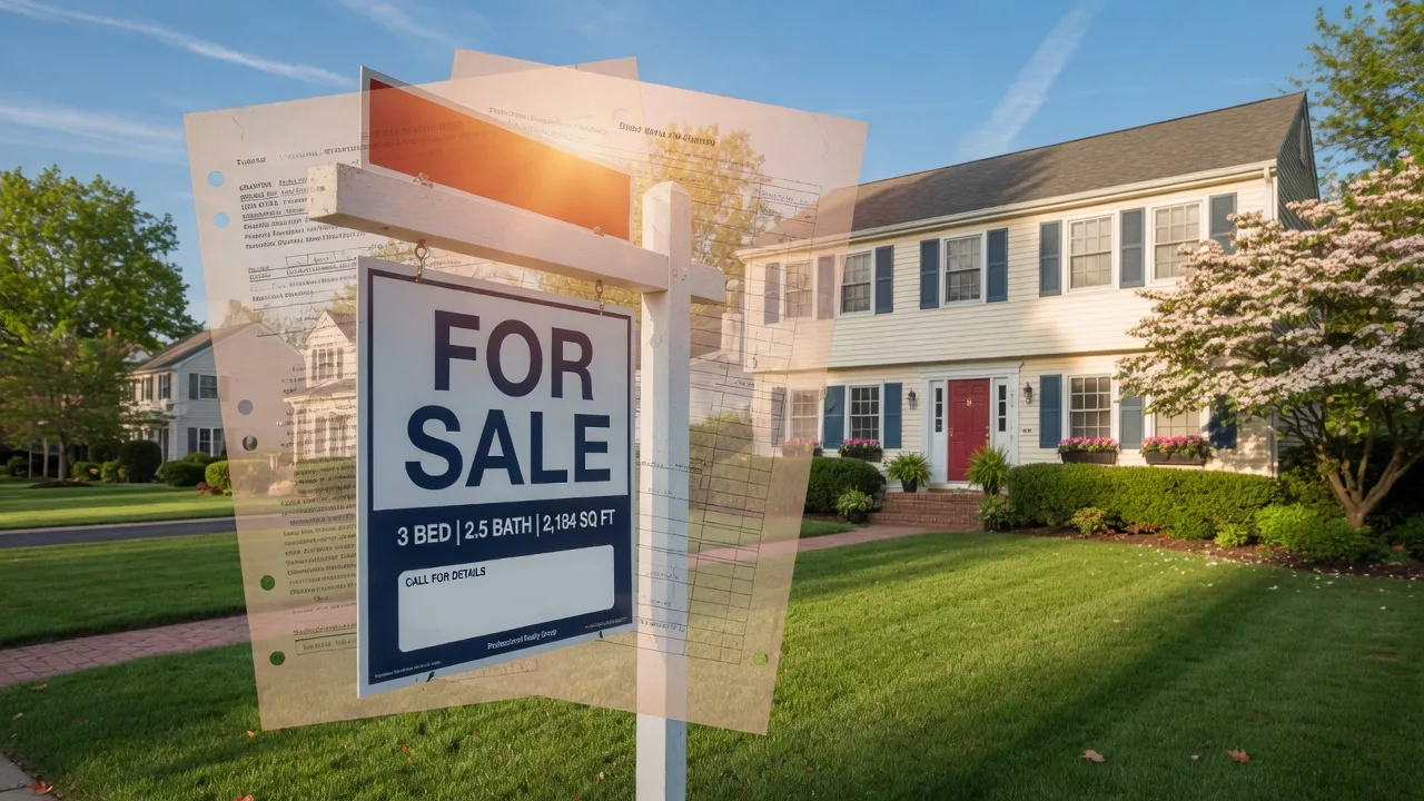Suburban home with a real estate sign in front and document overlay effects