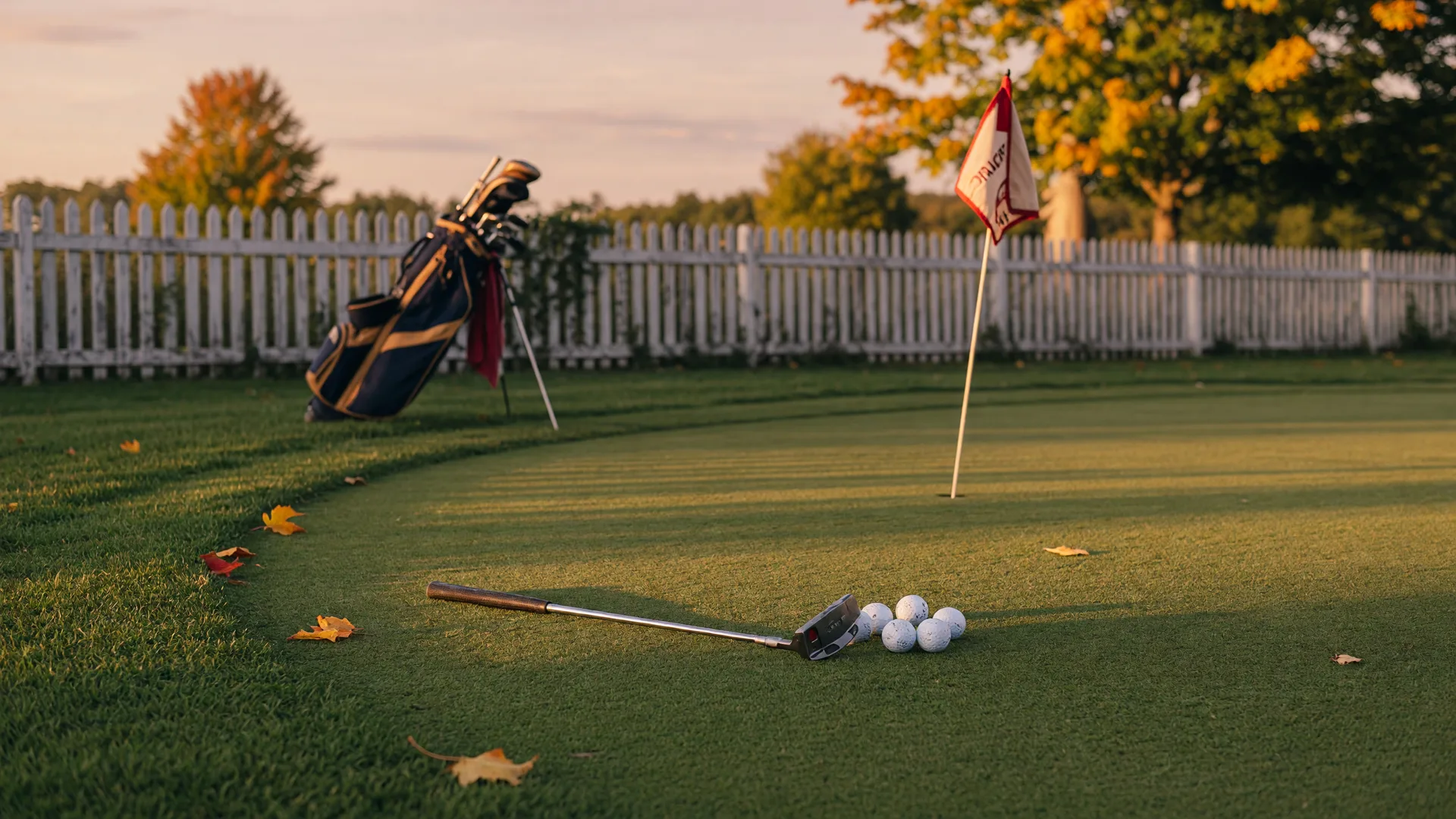 A junior putter and golf balls resting on a New England practice putting green at golden hour