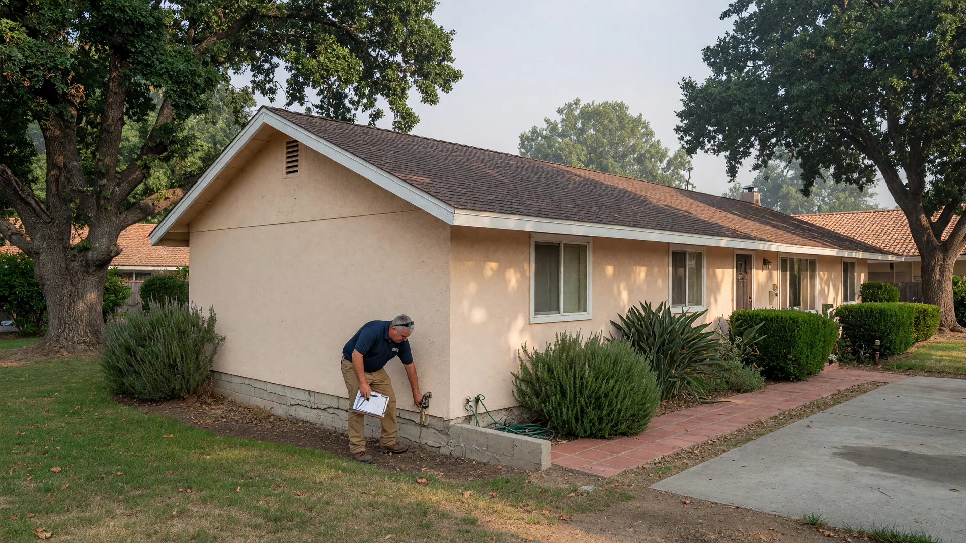 Professional home inspector examining the exterior foundation and siding of a ranch-style home in Merced County, clipboard in hand, with mature oak trees and established landscaping