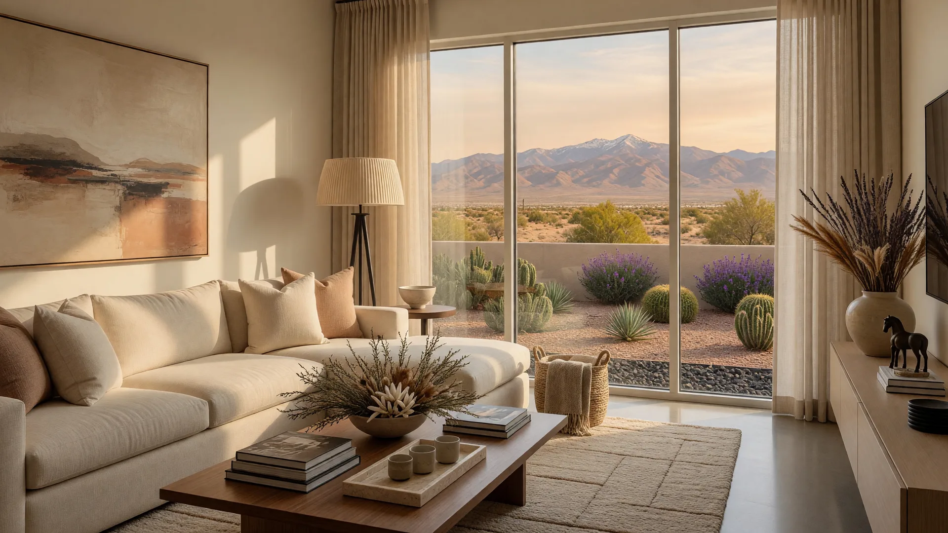 Beautifully staged modern Las Vegas living room with neutral furniture and desert mountain views