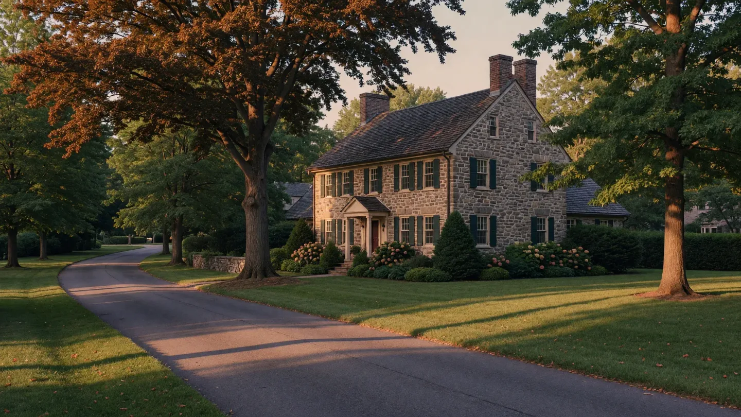Stone fieldstone colonial home on a tree-lined Montgomery County Main Line street at golden hour