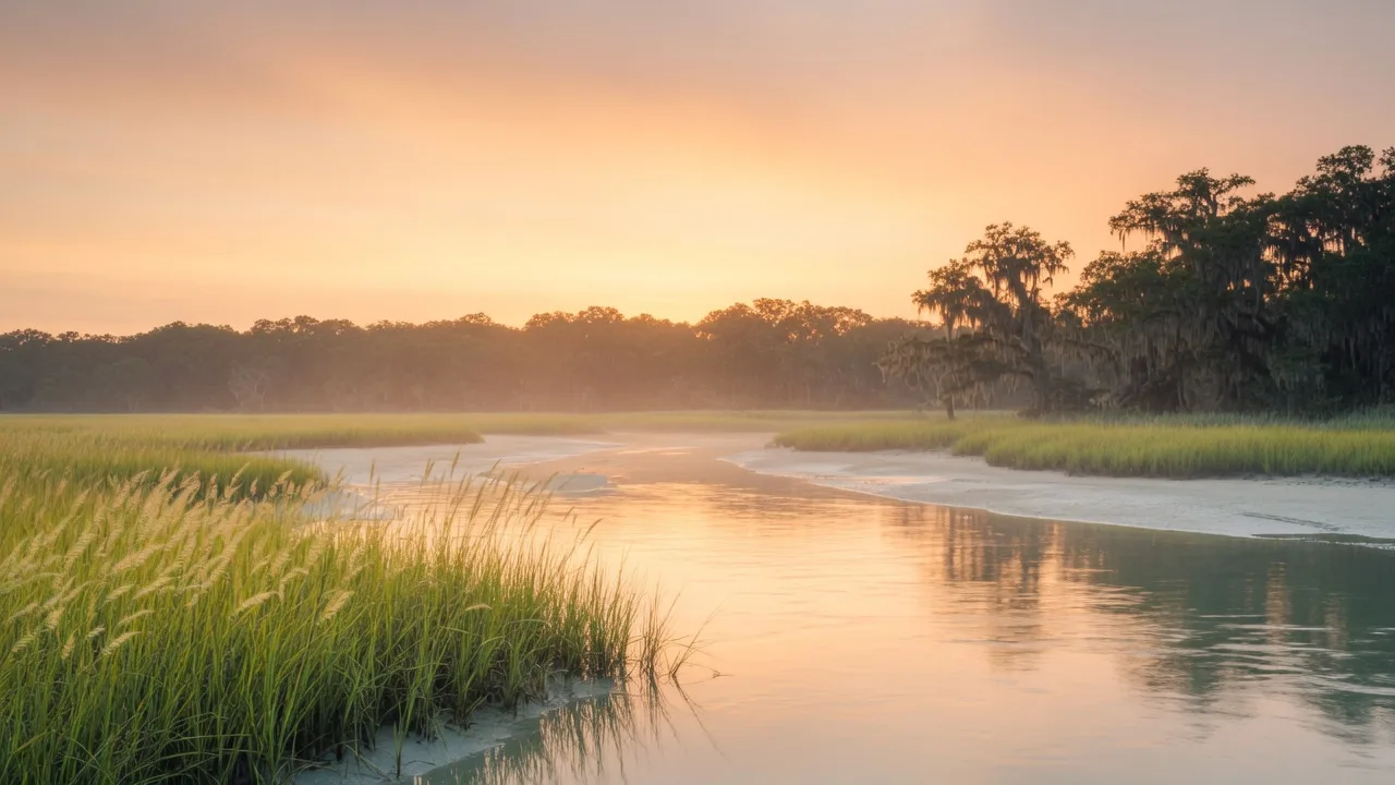 Lowcountry marsh at golden hour with calm water and live oaks