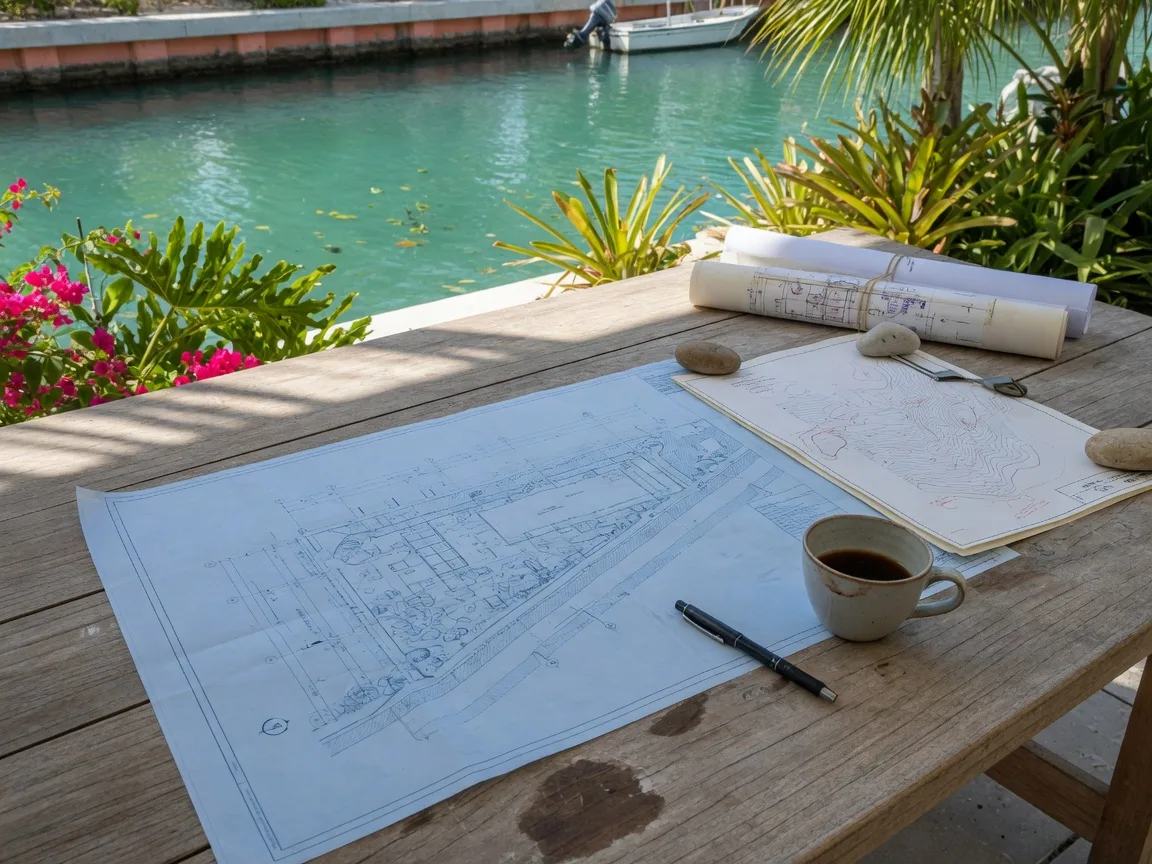 Architect's blueprint and site plan for a luxury waterfront estate on a teak table outdoors in the Florida Keys, with a pen, coffee cup, and rolled plans, the turquoise canal visible beyond the table, tropical foliage in the foreground, warm natural light