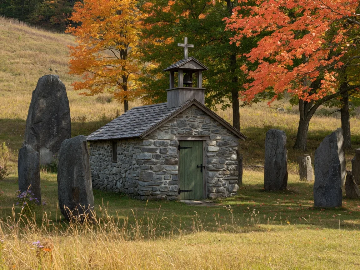 Rustic fieldstone chapel with a wooden door and low bell tower in a grassy clearing among standing stones at Columcille Megalith Park