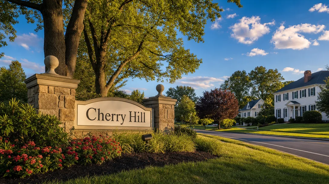 Cherry Hill entrance sign with suburban homes and blue sky