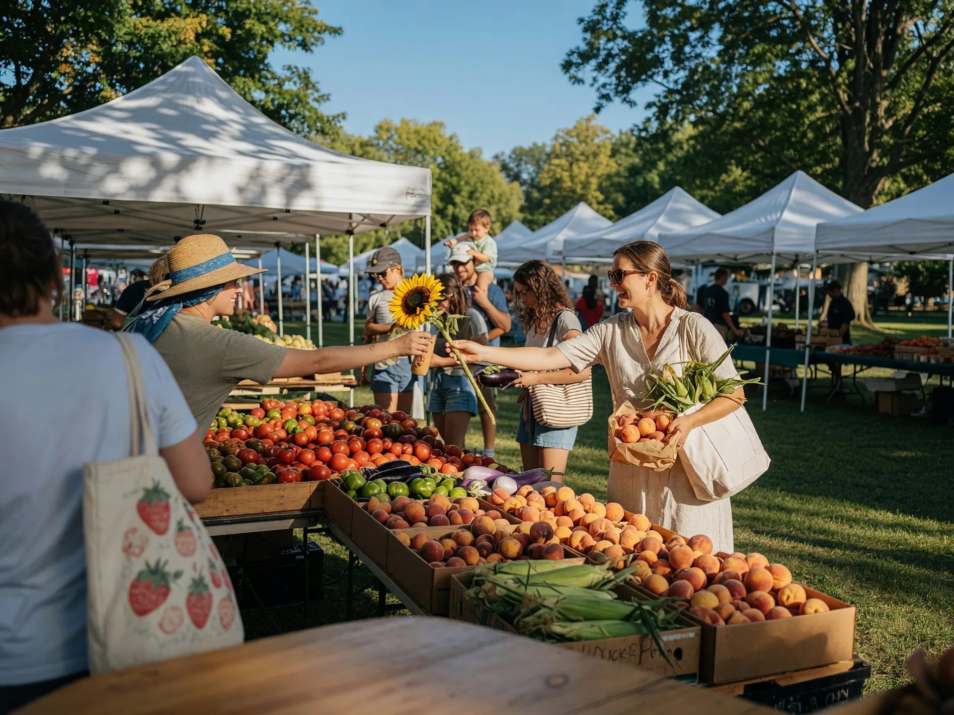 Saturday morning farmers market with white vendor tents, wooden crates of colorful late-summer produce, families with canvas totes browsing, golden morning light through trees