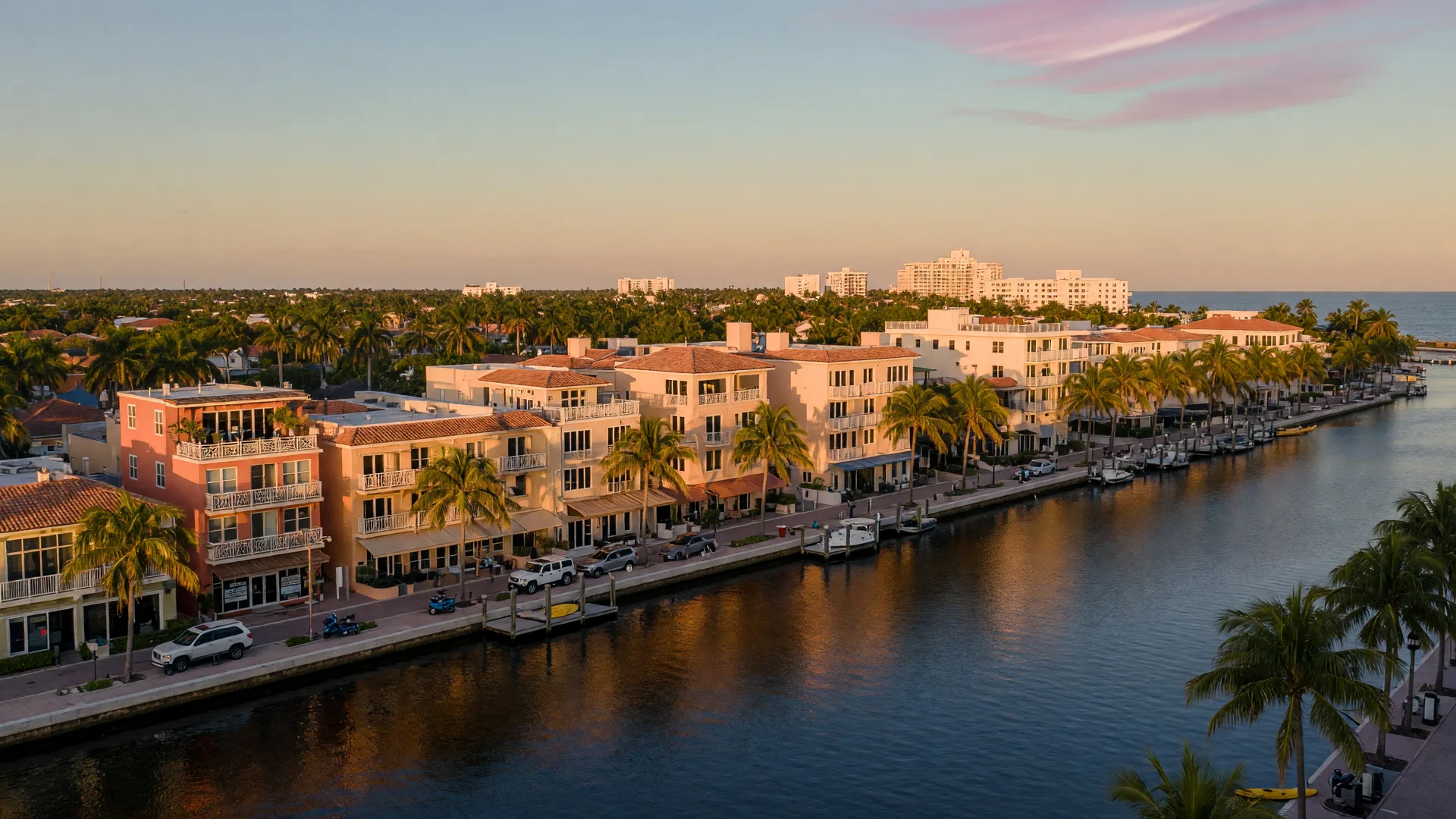 Downtown Delray Beach along the Intracoastal at golden hour