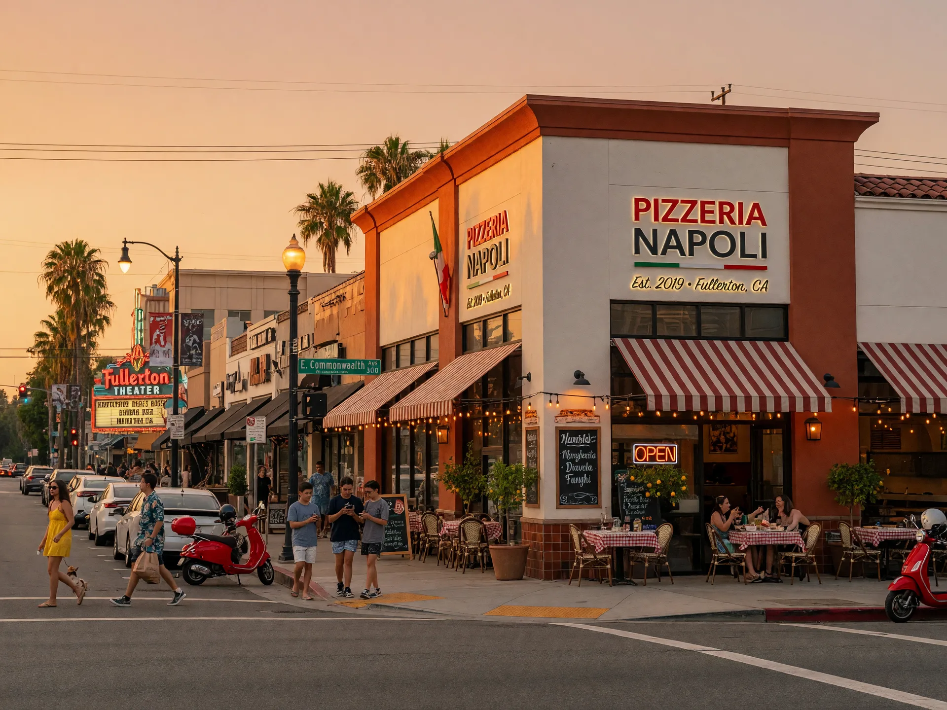 Fuoco Pizzeria Napoletana storefront on Harbor Boulevard in downtown Fullerton at golden hour