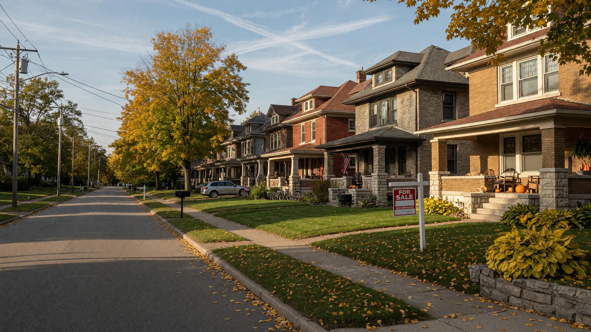 A brick and stone suburban street in Hamilton County Indiana in early autumn with a real estate For Sale sign in a front yard