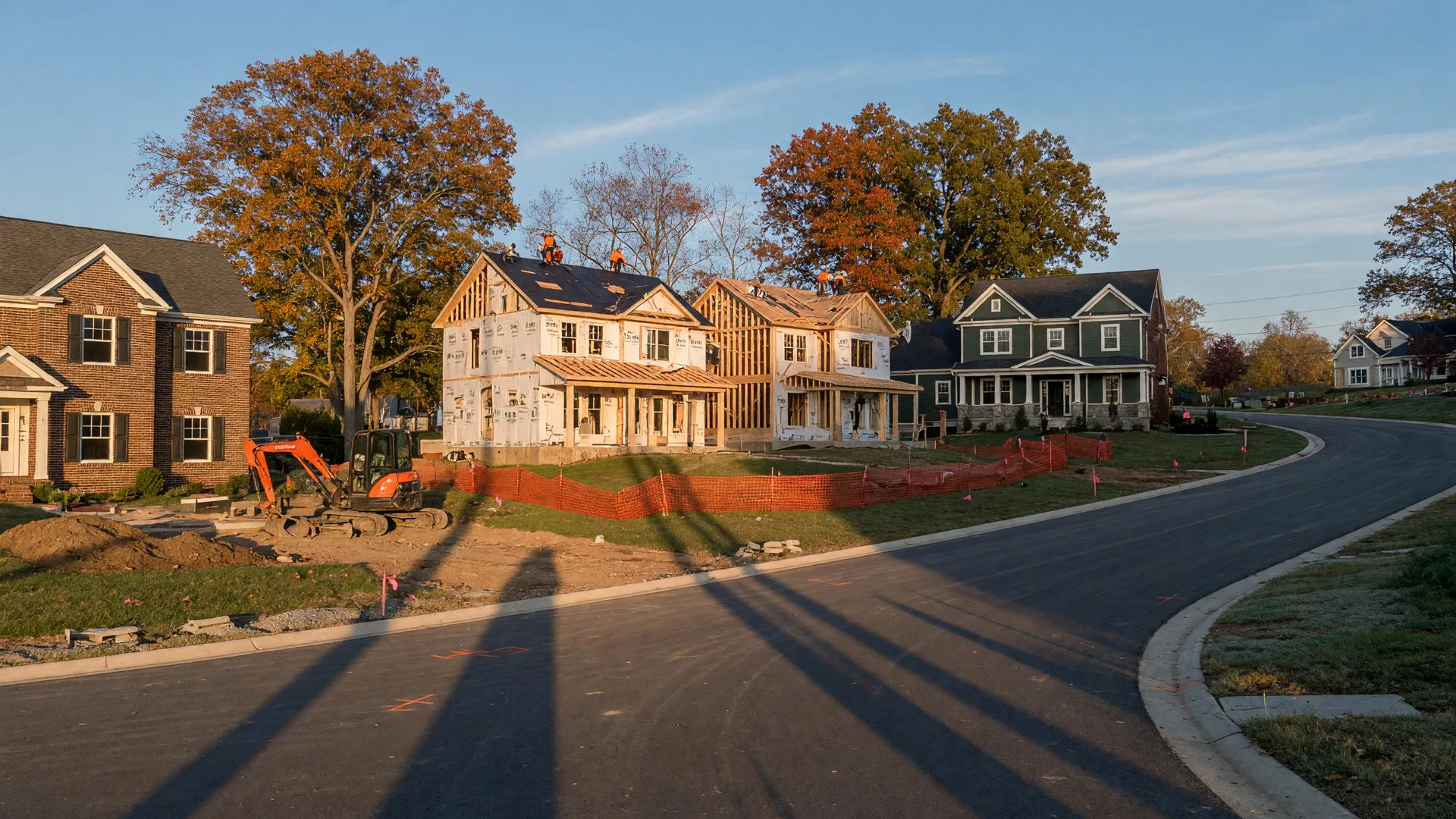 A new residential subdivision under construction in Washington Township, Ohio on a crisp October morning: a freshly paved cul-de-sac curving past completed craftsman and brick-trimmed homes, two partially framed houses, orange construction fencing, and maples turning orange and gold