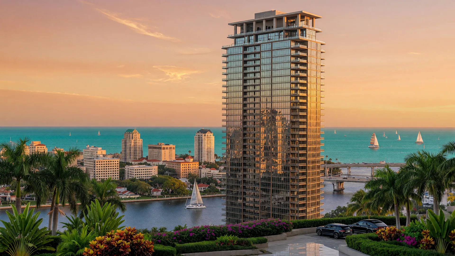 The Pendry Residences Tampa luxury condominium tower rising above downtown Tampa's waterfront skyline at golden hour