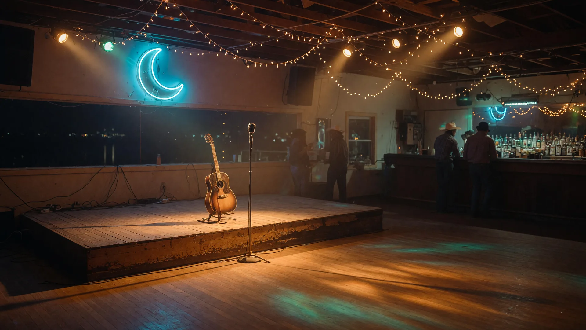 A lakeside Texas dance hall at night with a wooden stage, a neon moon sign over the bar, string lights, and a polished dance floor