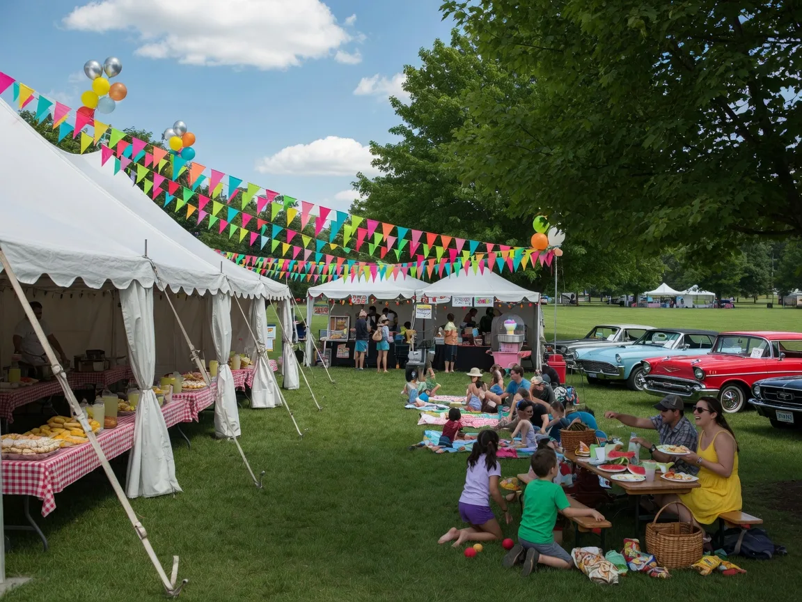 Summer festival scene with tents, food vendors, and families enjoying a sunny day at a community park