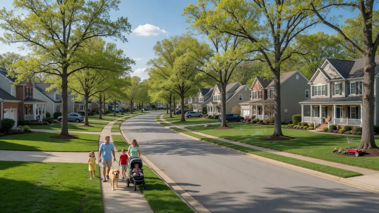 Spacious suburban Chesapeake neighborhood with green spaces and trees