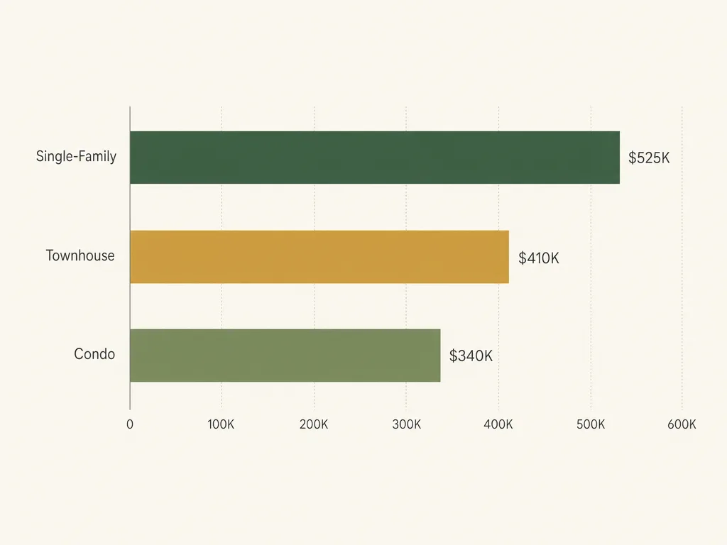 Bar chart graphic comparing median sale prices for condos, townhomes, and single-family homes in Conshohocken PA