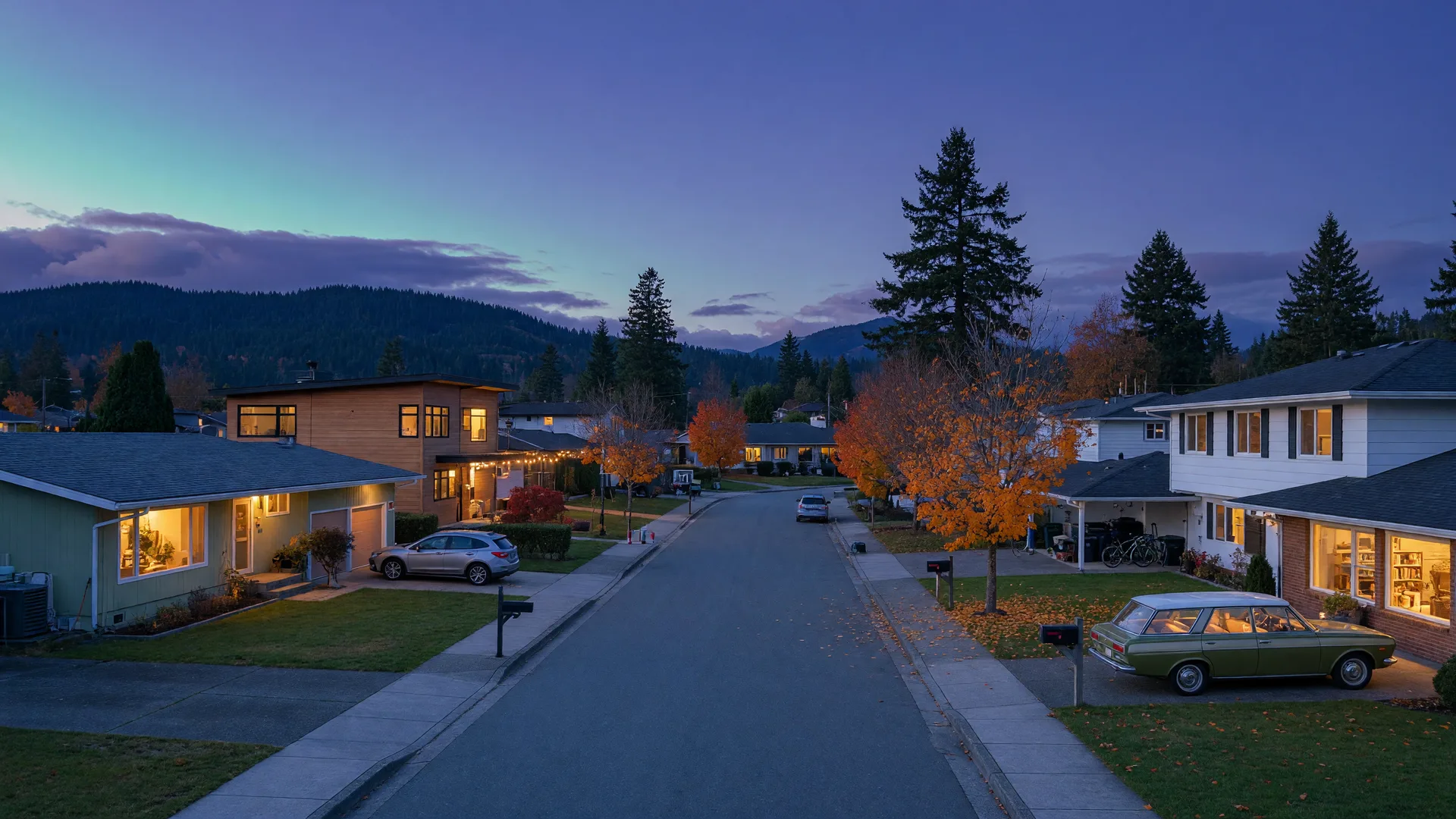 Residential street at blue hour with warm glowing windows and evergreen hills