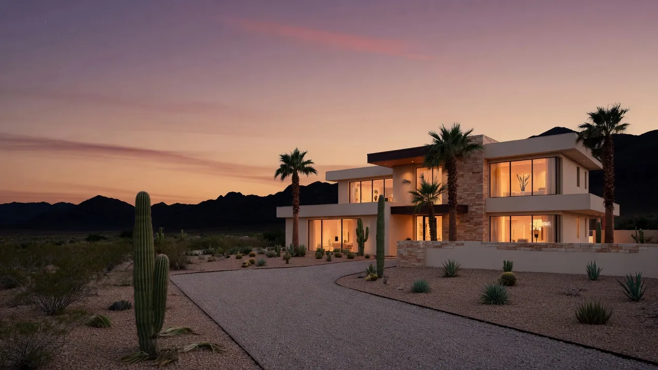 Modern luxury desert estate in the Las Vegas foothills at dusk with warm interior lights and Red Rock mountain silhouettes