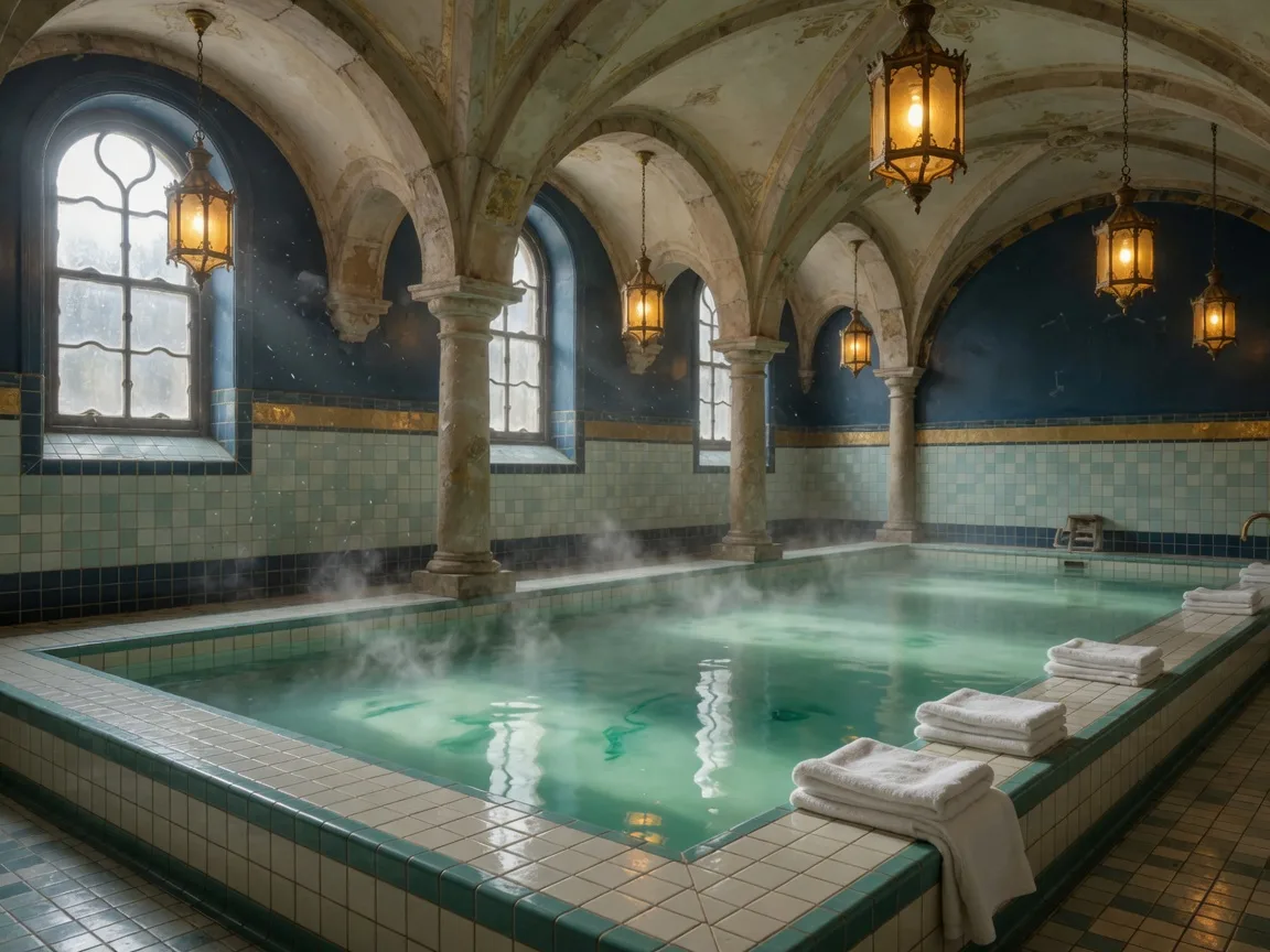 A tiled mineral soaking pool inside the historic bathhouse at Murrieta Hot Springs Resort, steam rising beneath arched stone columns and warm lantern light