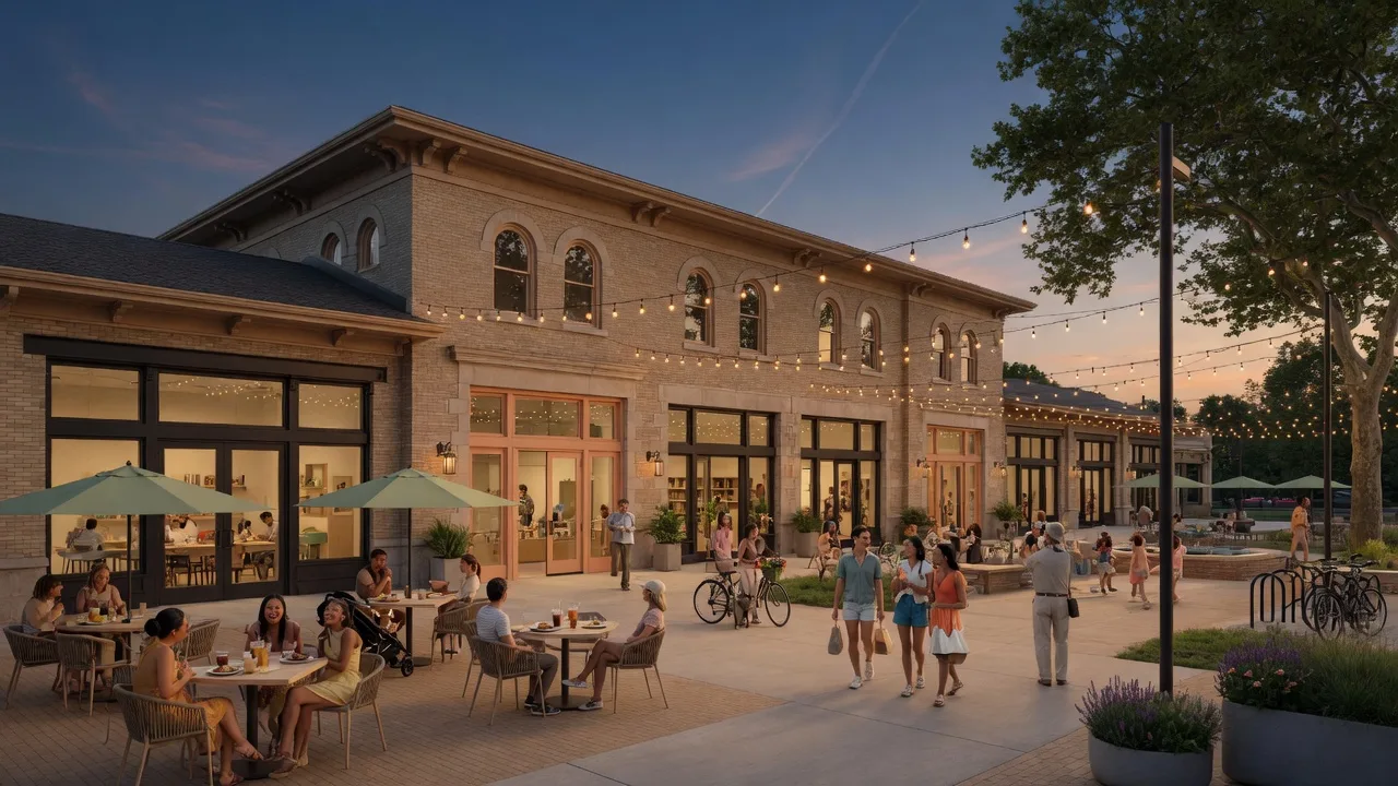 Lackawanna Station redevelopment in Montclair NJ with the historic train station repurposed as a modern mixed-use hub with outdoor plaza seating, small businesses, and pedestrians enjoying the vibrant community space on a summer evening